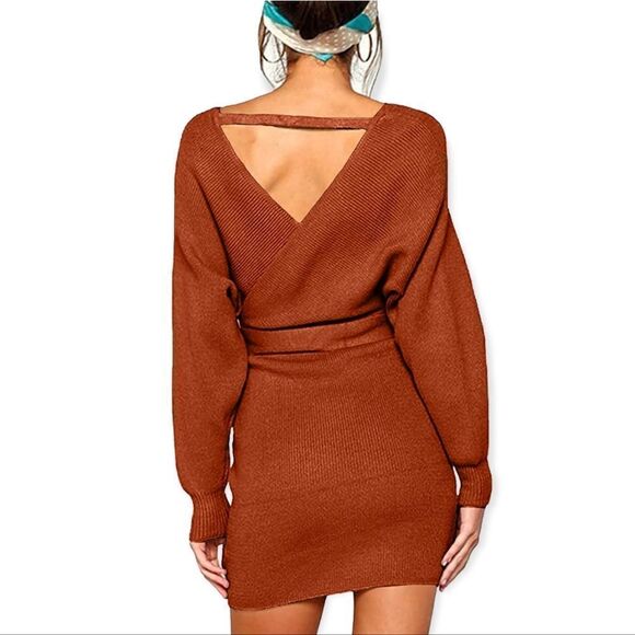 NWT CHERFLY Women's V Neck Sweater Dress Batwing Long Sleeve Backless Mi… - Picture 3 of 7